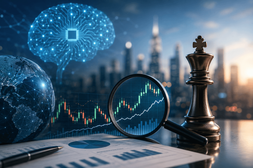 Adam's image city in background. Forefront shows a chess piece and some digital graphics indicating stock market flucuations