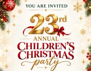 2026-childredn-christmas-party-featured-image poster for the 23rd annual children's Christmas party