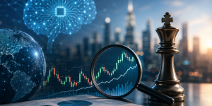 city in background. Forefront shows a chess piece and some digital graphics indicating stock market flucuations
